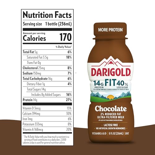 Darigold Fit chocolate milk being poured, showcasing creamy taste and reduced sugar.