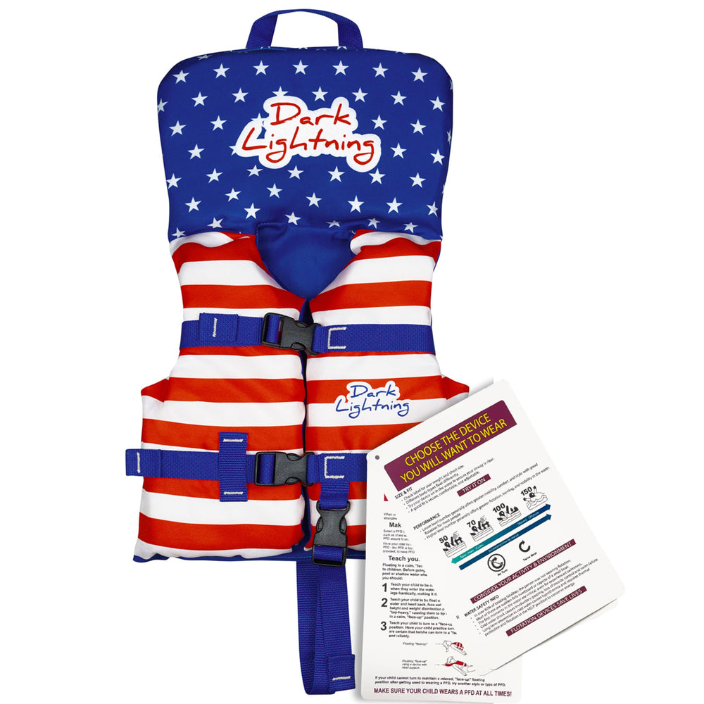 Dark Lightning coast guard approved life jacket, front view showing secure buoyancy for toddlers.