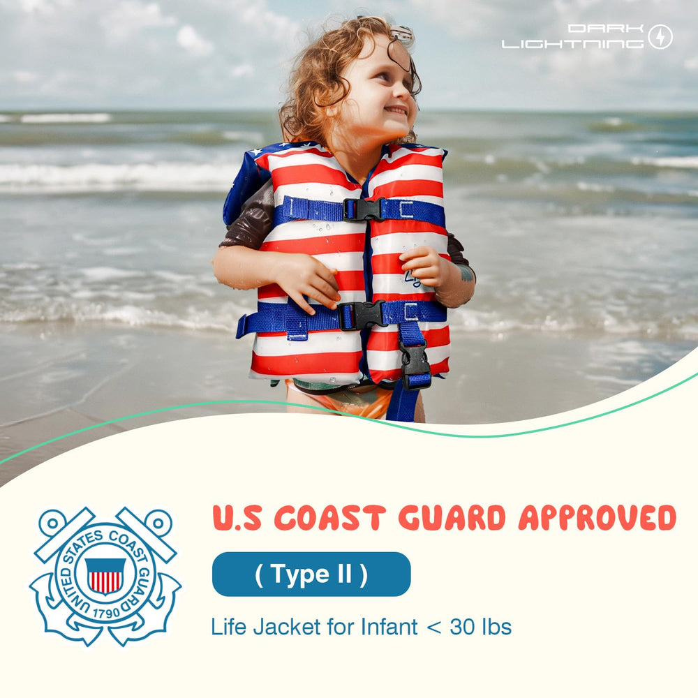 Dark Lightning toddler life jacket with leg strap for extra safety and a snug fit.