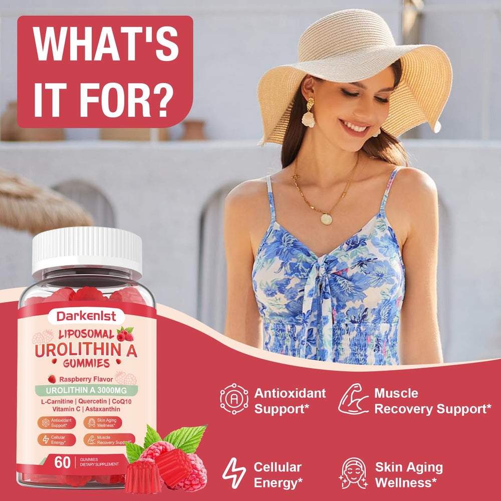 Darkenlst Urolithin A gummies close-up highlighting antioxidant matrix.