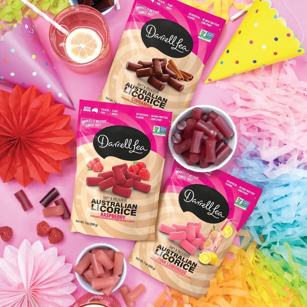 Darrell Lea Raspberry Licorice made in Australia, premium confectionery.