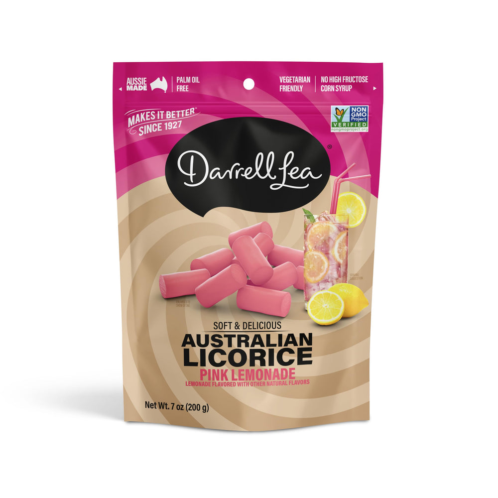 Darrell Lea Pink Lemonade licorice pack, soft and chewy, refreshing treat for any time