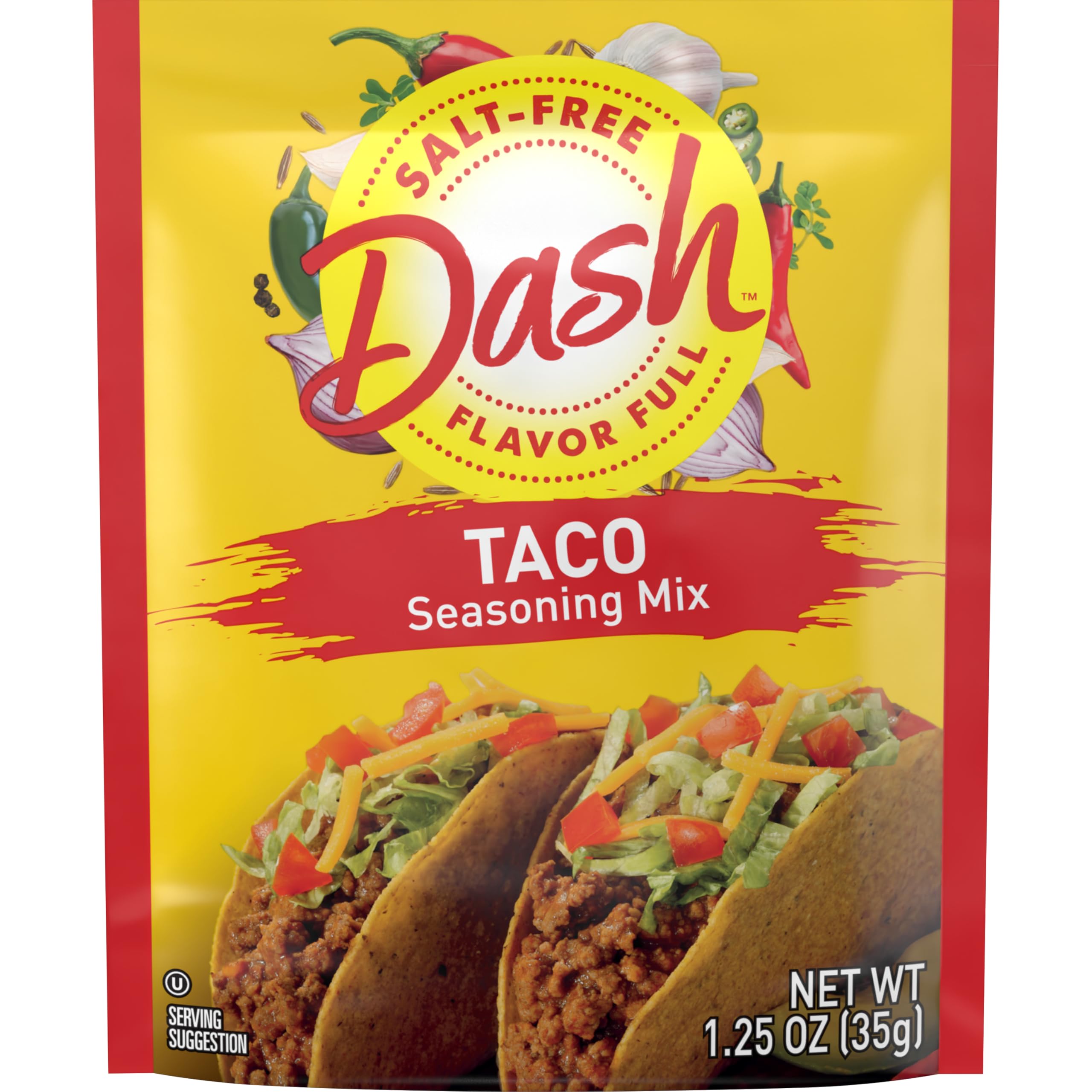 Dash salt-free taco seasoning pack front on counter enhances quick taco night