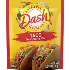 Dash salt-free taco seasoning pack front on counter enhances quick taco night