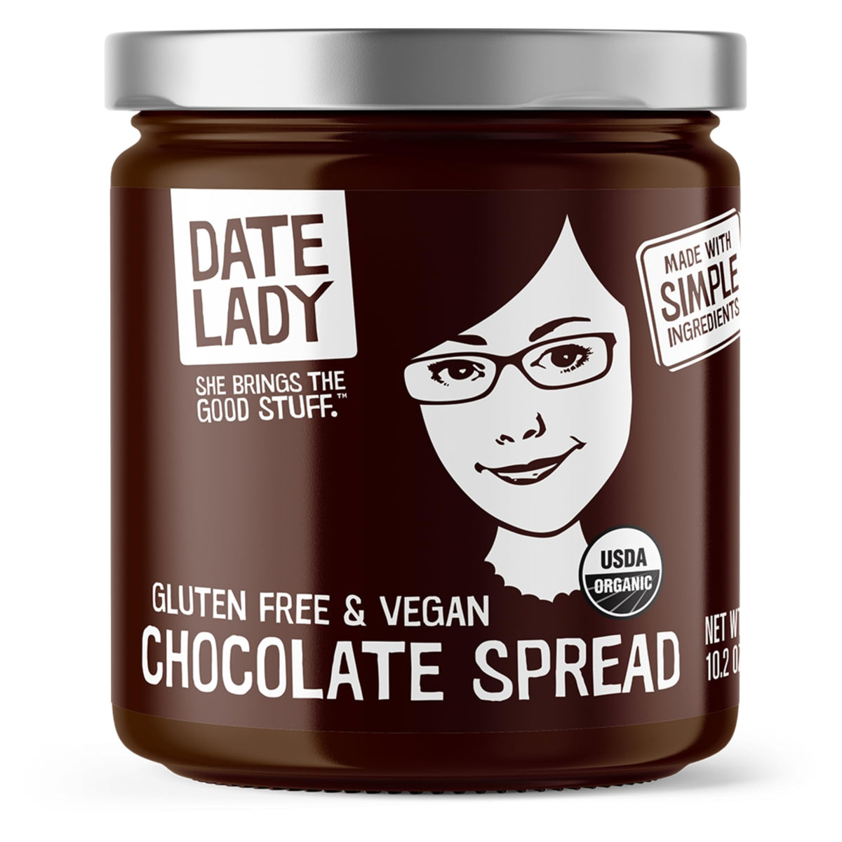 Date Lady Chocolate Date Spread jar shows a smooth texture ideal for dipping and spreading.