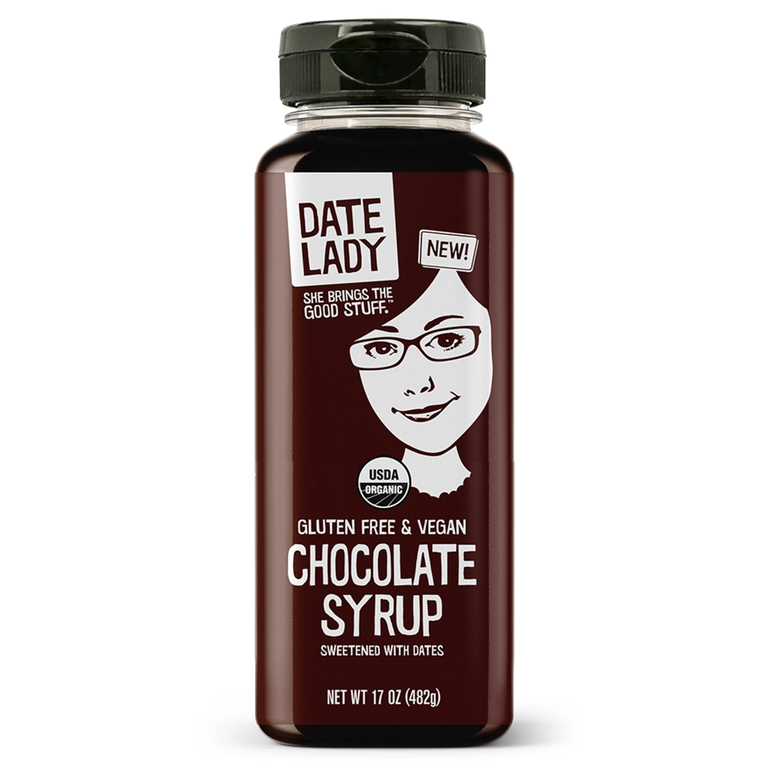 Date Lady Chocolate Syrup bottle closeup, ideal for drizzle on ice cream