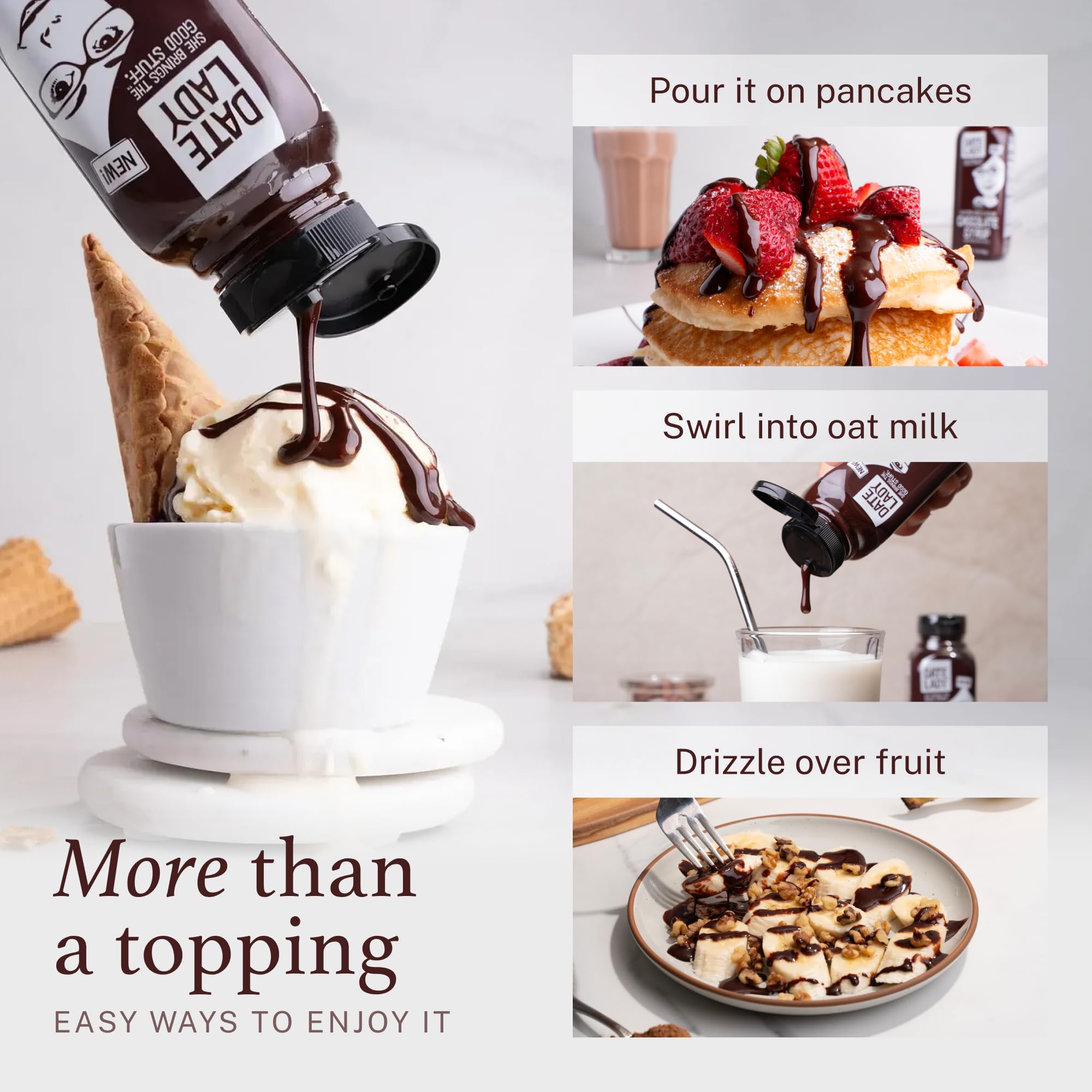 Date Lady Chocolate Syrup squeezed from a bottle ready to pour