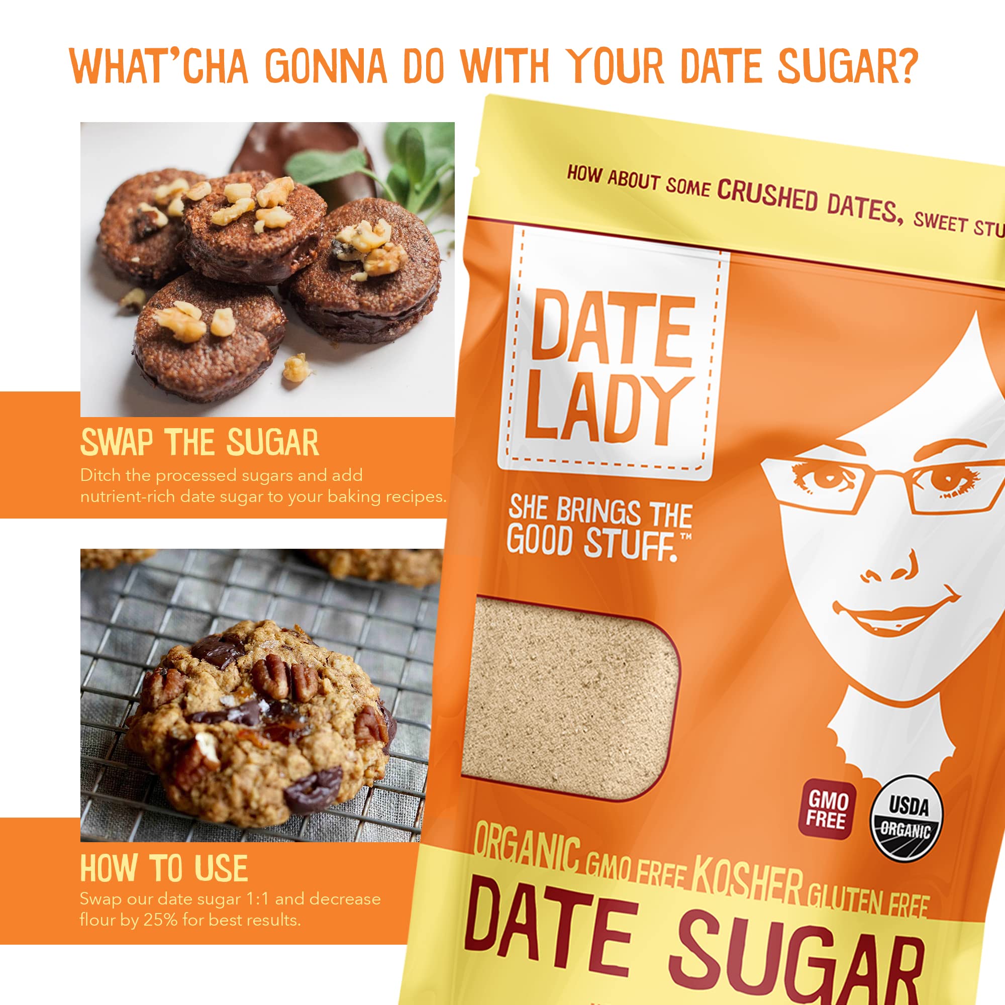Date Lady sugar ingredient label shows organic, kosher, vegan certifications.