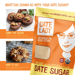 Date Lady sugar ingredient label shows organic, kosher, vegan certifications.