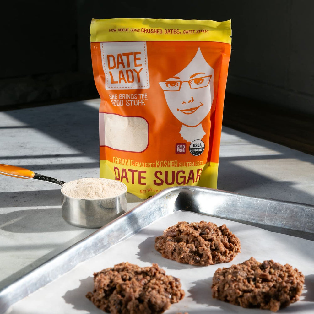 Nutrition panel highlights fiber and minerals in Date Lady sugar.