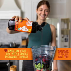 Date Lady organic date syrup label detail highlights clean ingredient focus.