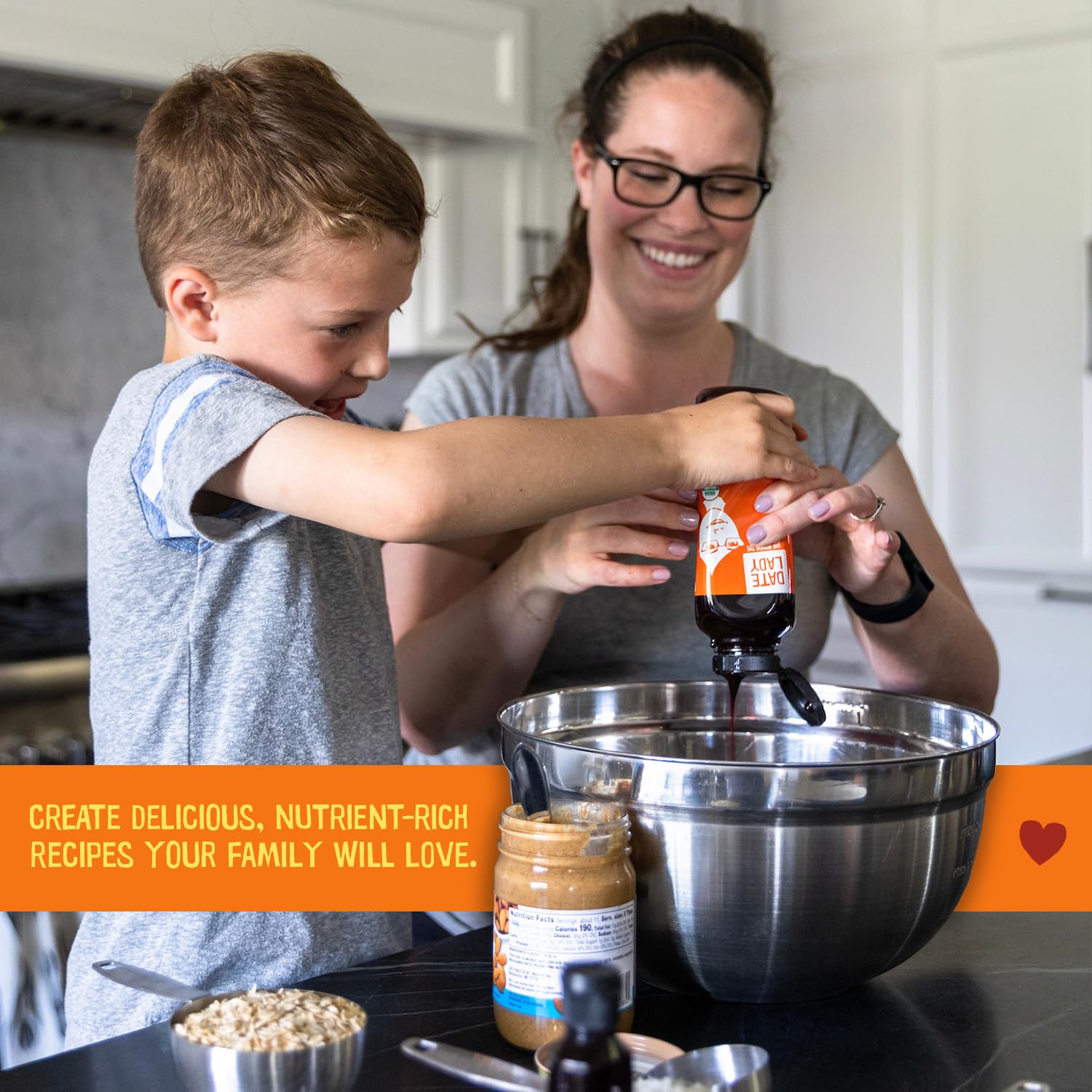 Date Lady date syrup drizzle on pancakes highlights versatile dessert topping.