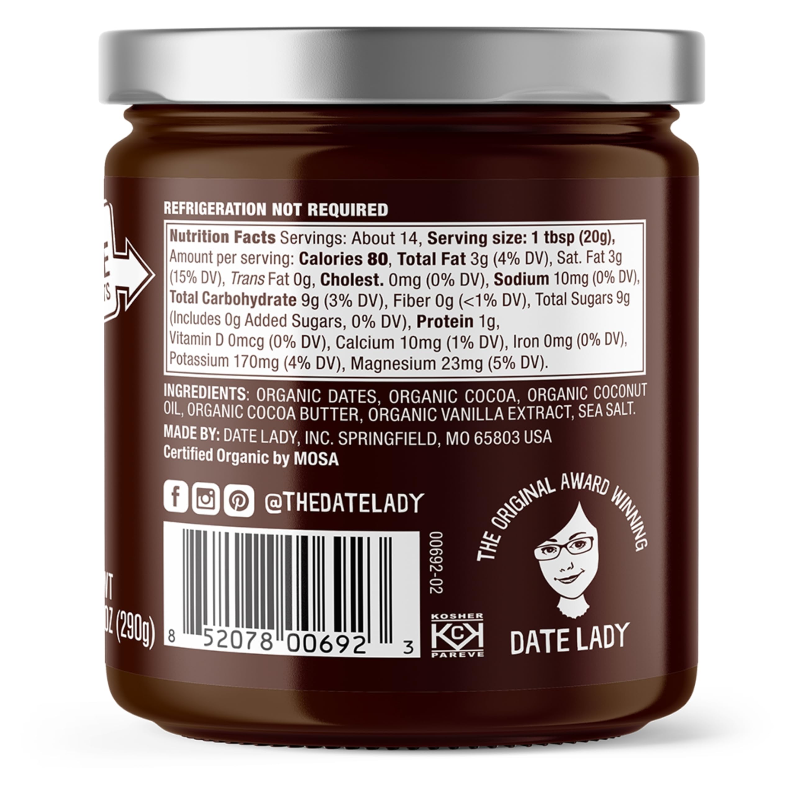 Date Lady dipping fruit scene highlights a vegan, organic spread for healthy snacking.