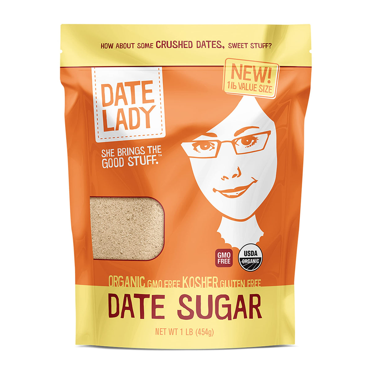 Date Lady organic date sugar 1 lb packaging on the counter for baking.