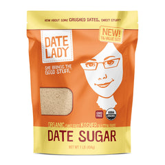 Date Lady organic date sugar 1 lb packaging on the counter for baking.