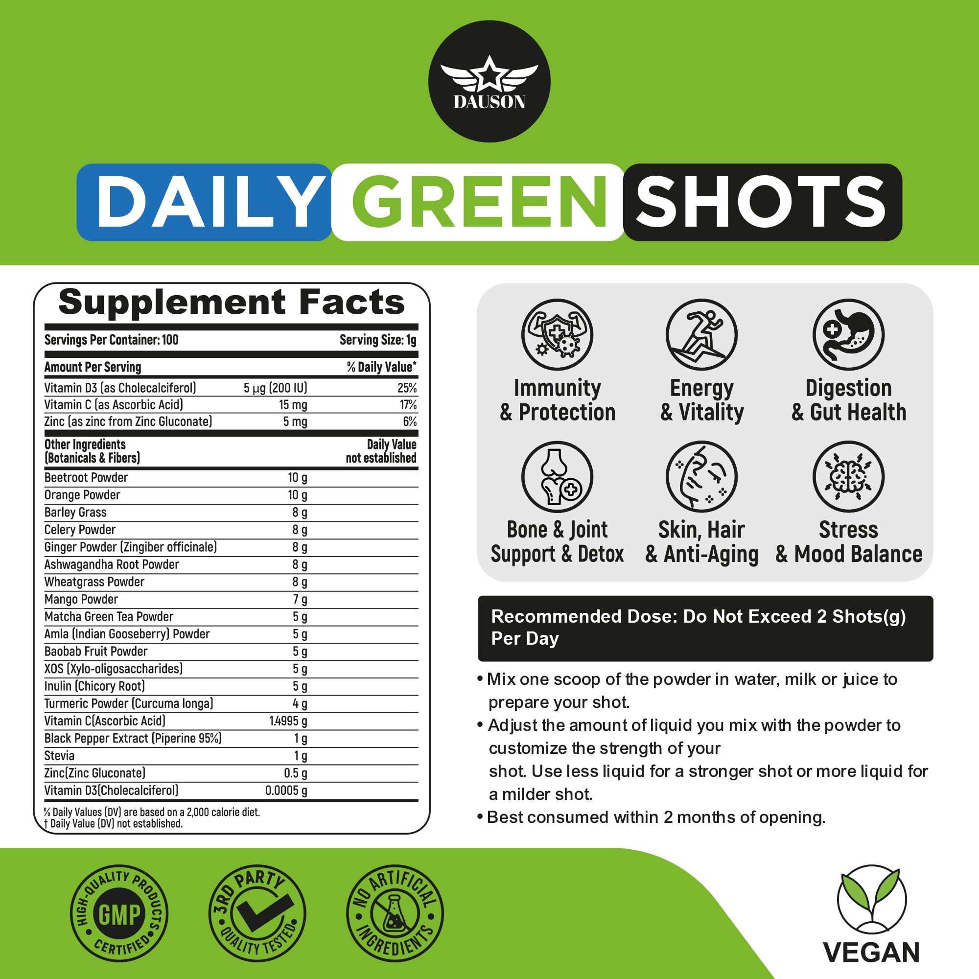 DAUSON daily green shot powder tub for on-the-go nutrition.