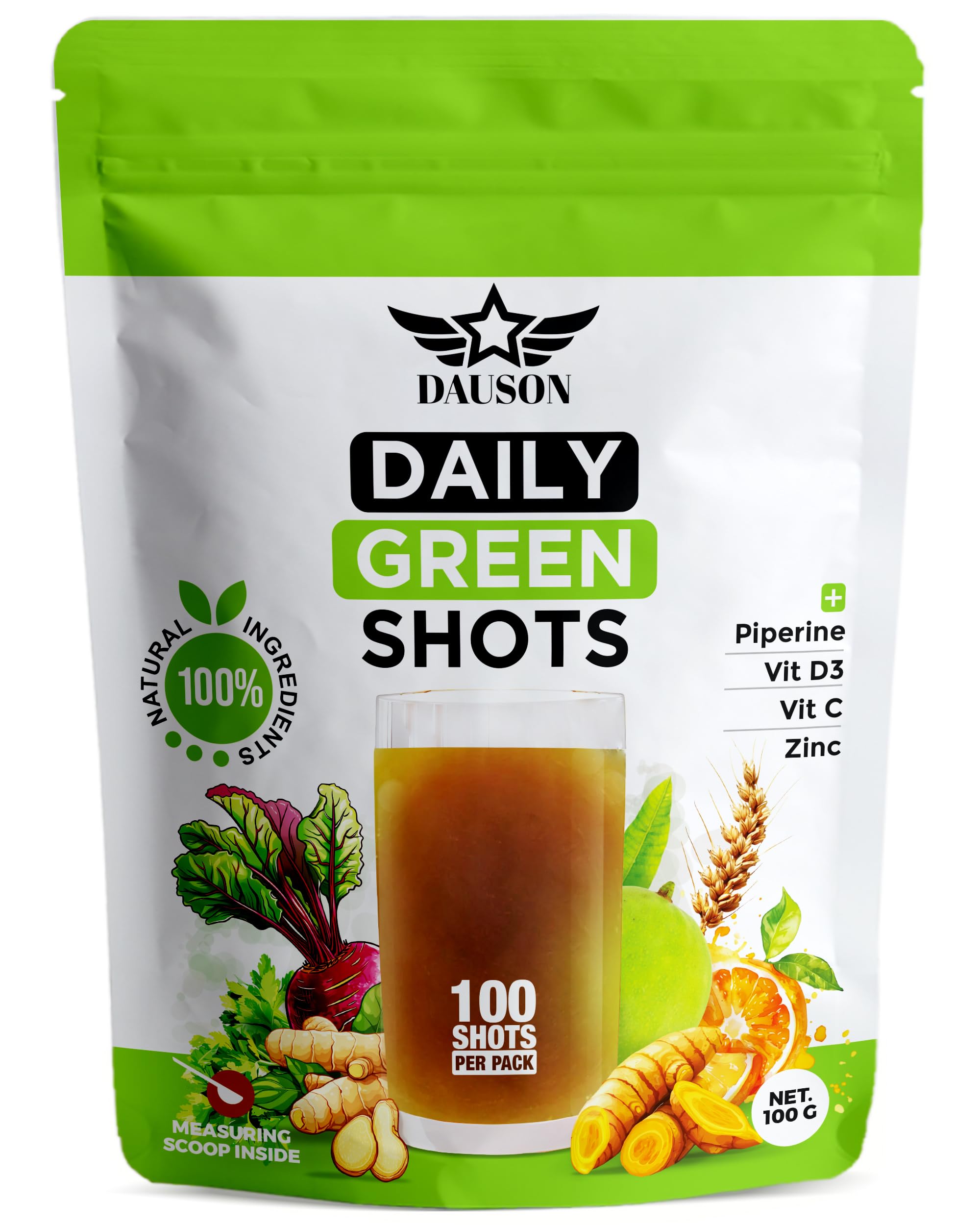 DAUSON Super Greens daily shot bottle ready for a quick wellness boost.