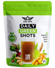 DAUSON Super Greens daily shot bottle ready for a quick wellness boost.