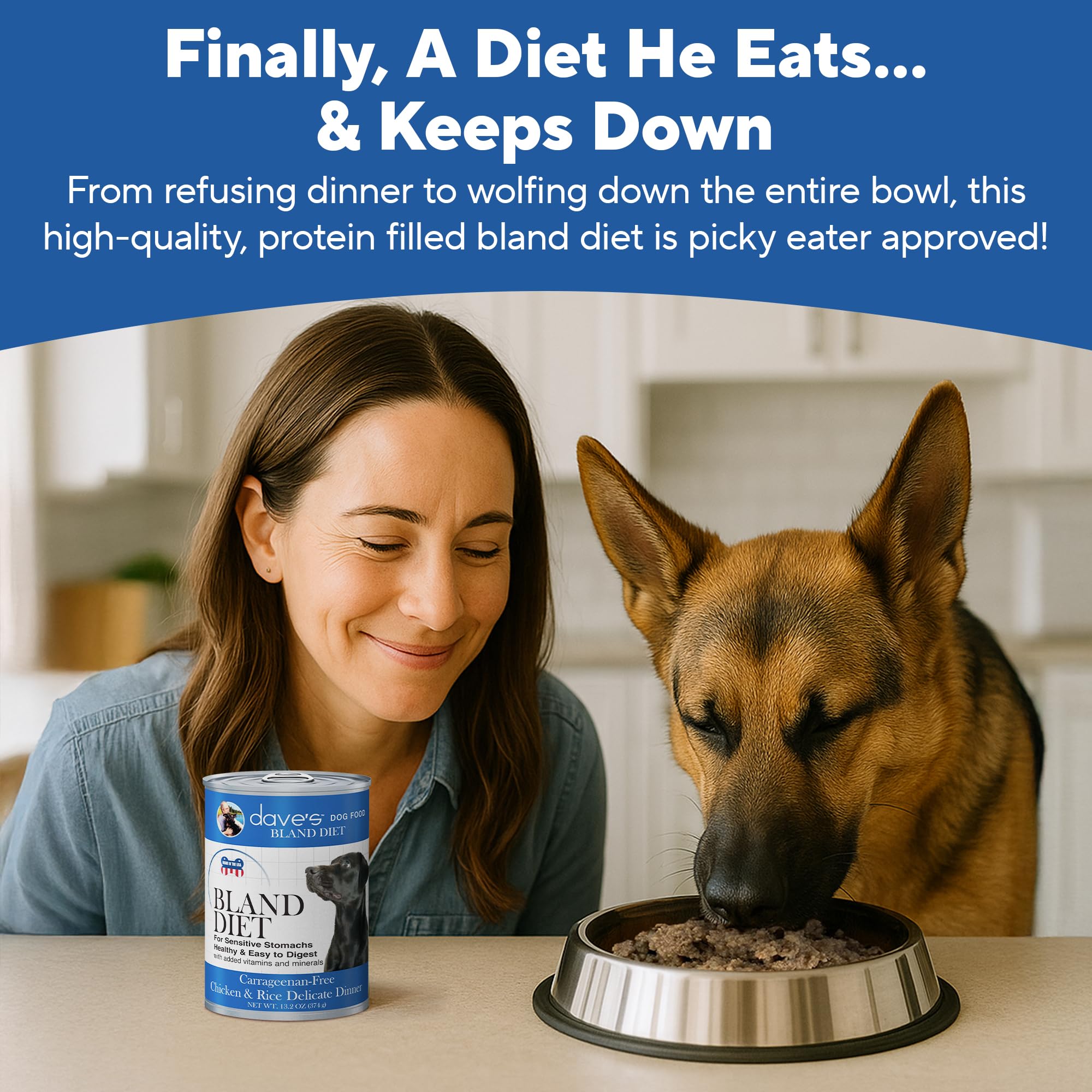 Dave's Pet Food Bland Diet serving bowl demonstrates convenient portion control for daily feeding.