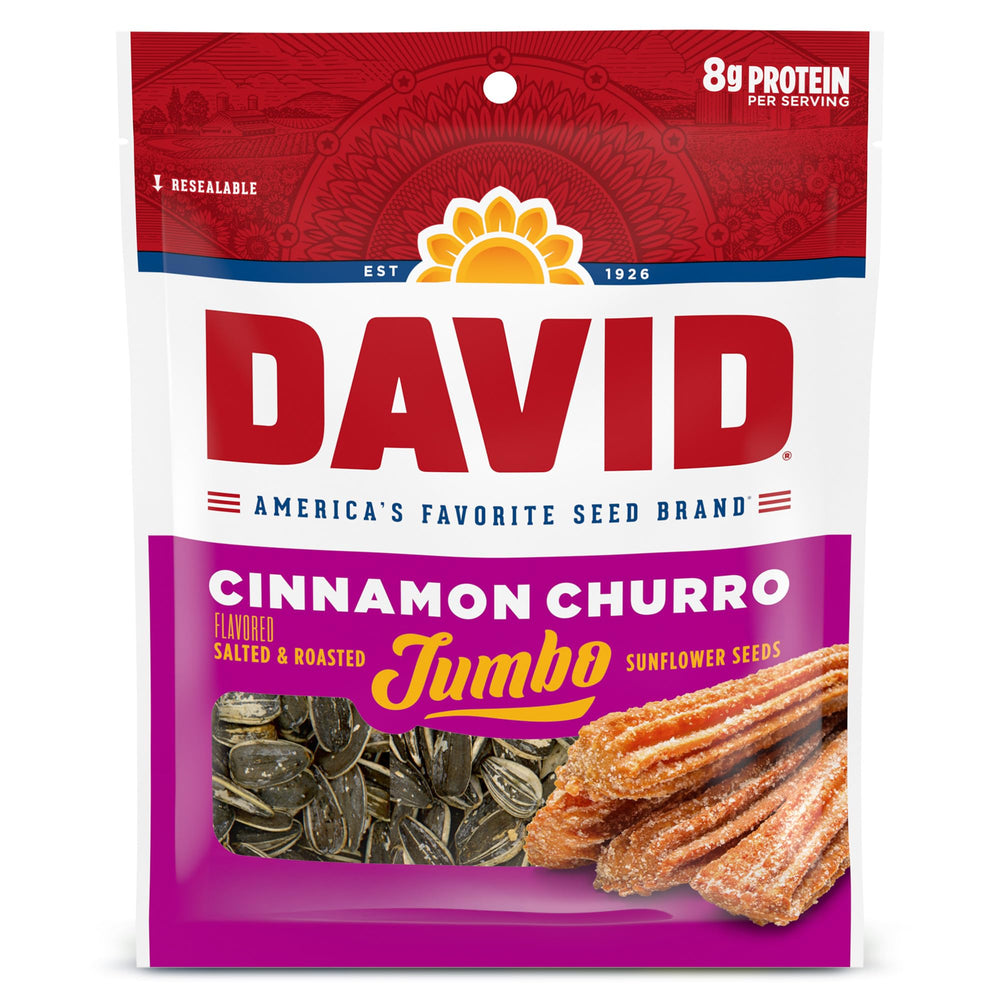 DAVID Cinnamon Churro Sunflower Seeds front pack, bold flavor for craving-crushing snacking