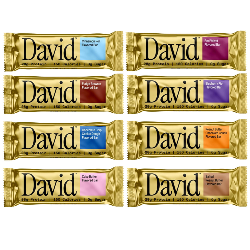 David High Protein Bars 8-pack displaying a gluten-free, sugar-free snack with 28g protein