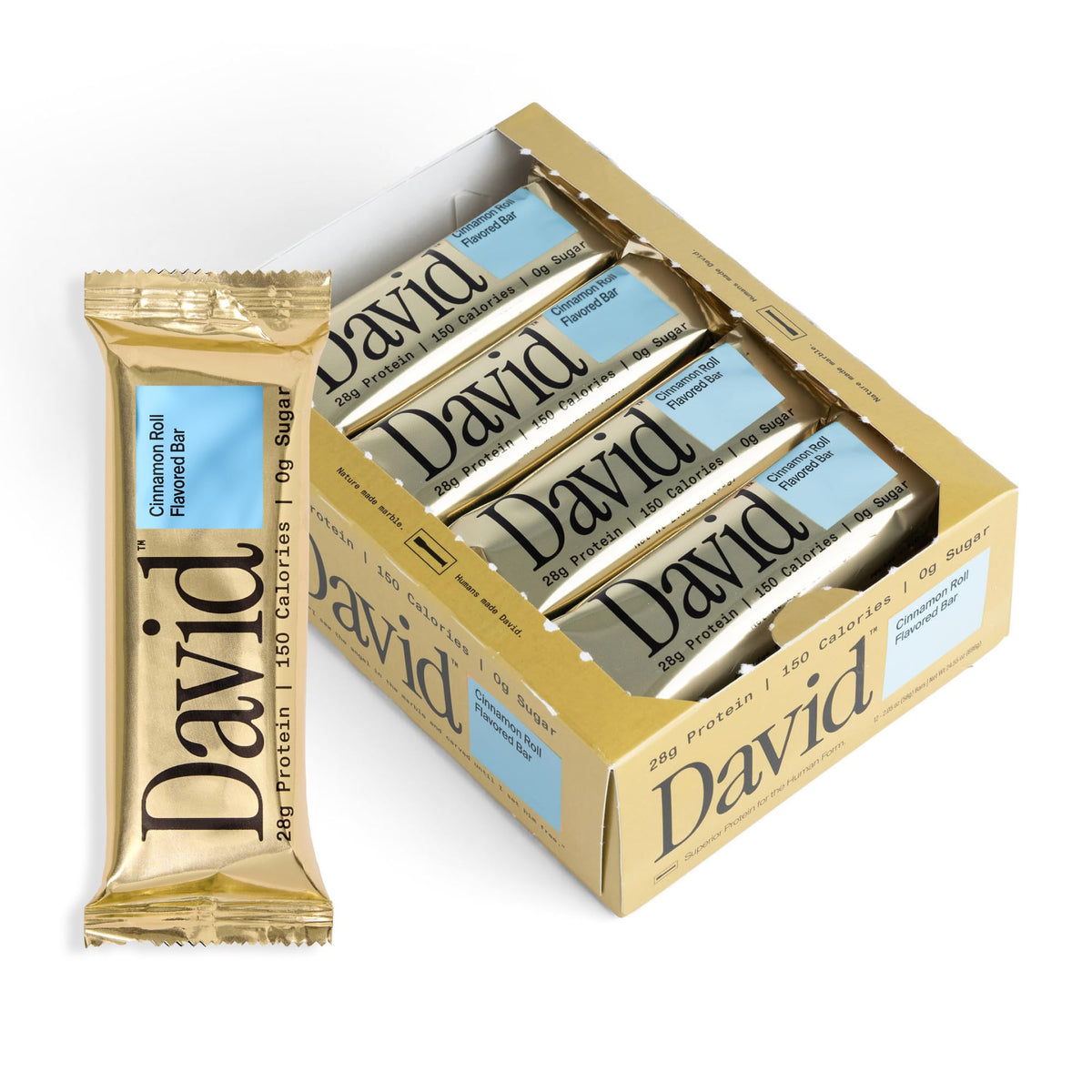 David Cinnamon Roll protein bars 12-pack, front view for quick snacking.