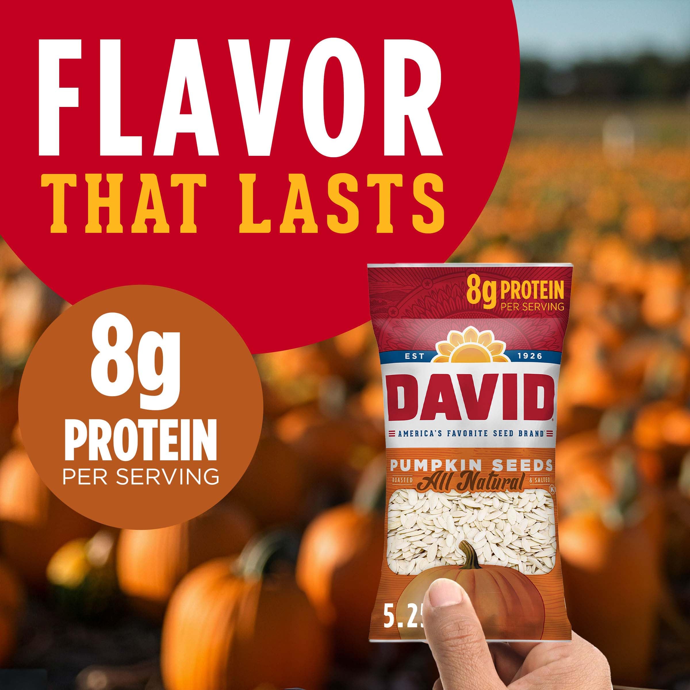 Portable DAVID pumpkin seeds in a 2.25 oz bag for easy snacking anywhere.