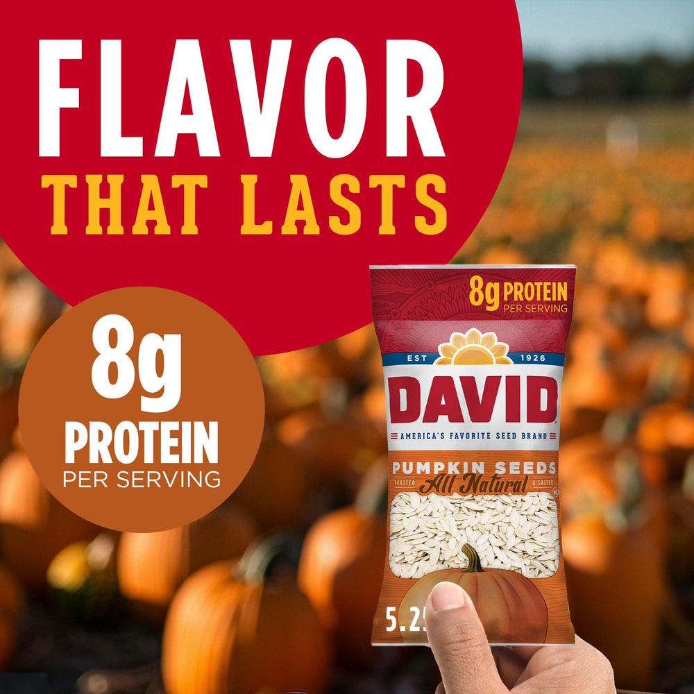 Portable DAVID pumpkin seeds in a 2.25 oz bag for easy snacking anywhere.