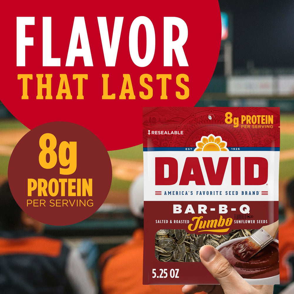 Bag of DAVID Bar-B-Q Jumbo Sunflower Seeds on kitchen counter