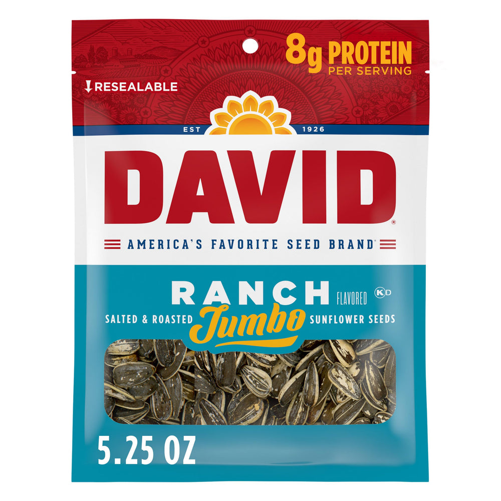 DAVID Seeds roasted salted ranch jumbo seeds in a bag, ideal for quick snacking.