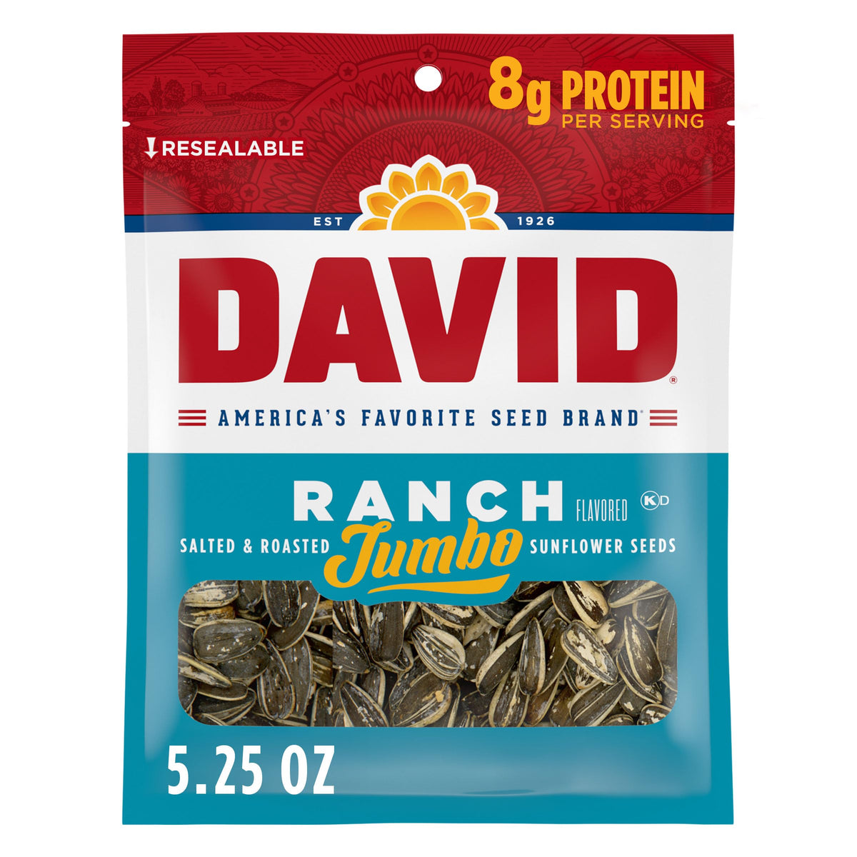 DAVID Seeds roasted salted ranch jumbo seeds in a bag, ideal for quick snacking.