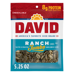 DAVID Seeds roasted salted ranch jumbo seeds in a bag, ideal for quick snacking.