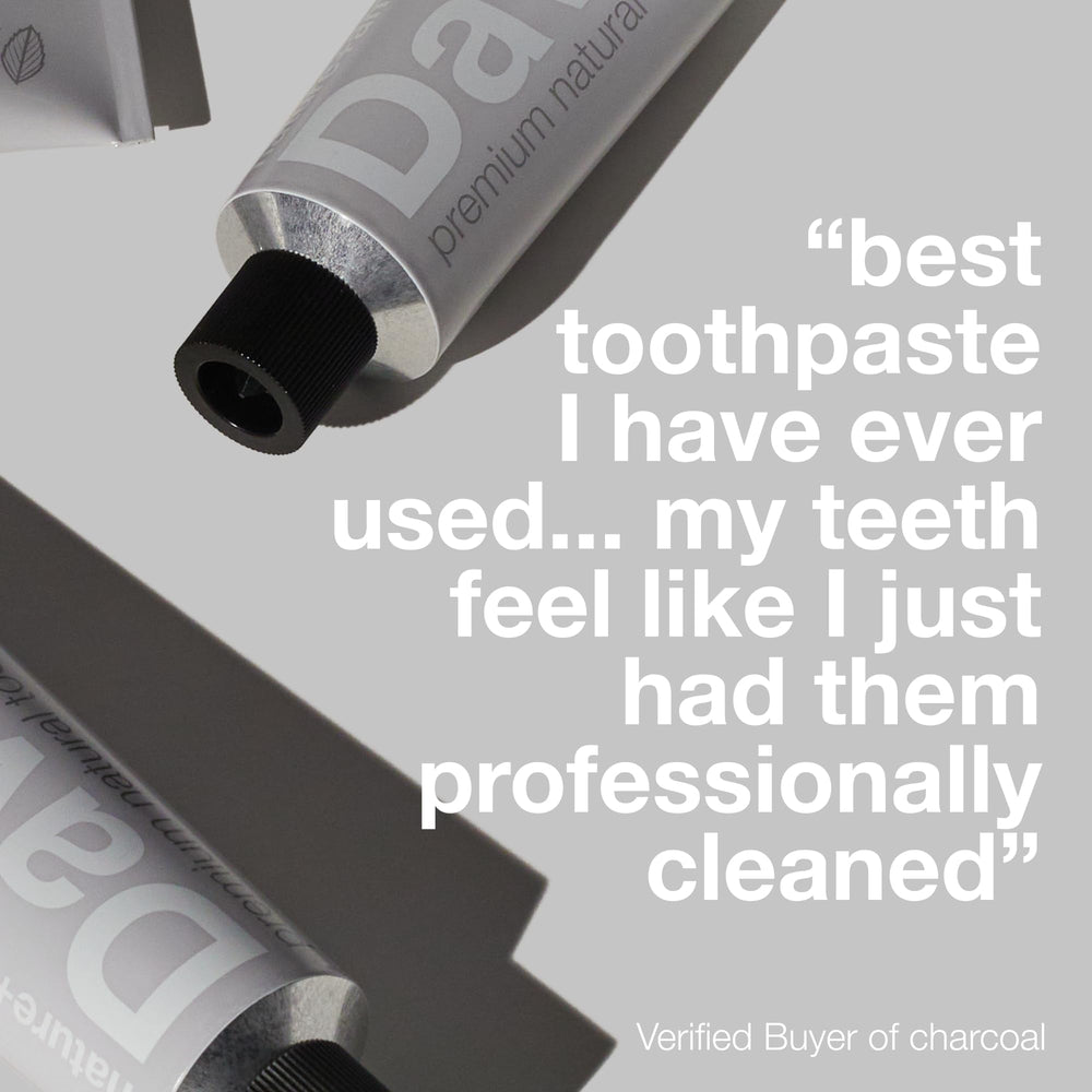Davids Charcoal Toothpaste metal tube packaging emphasizes recyclability.