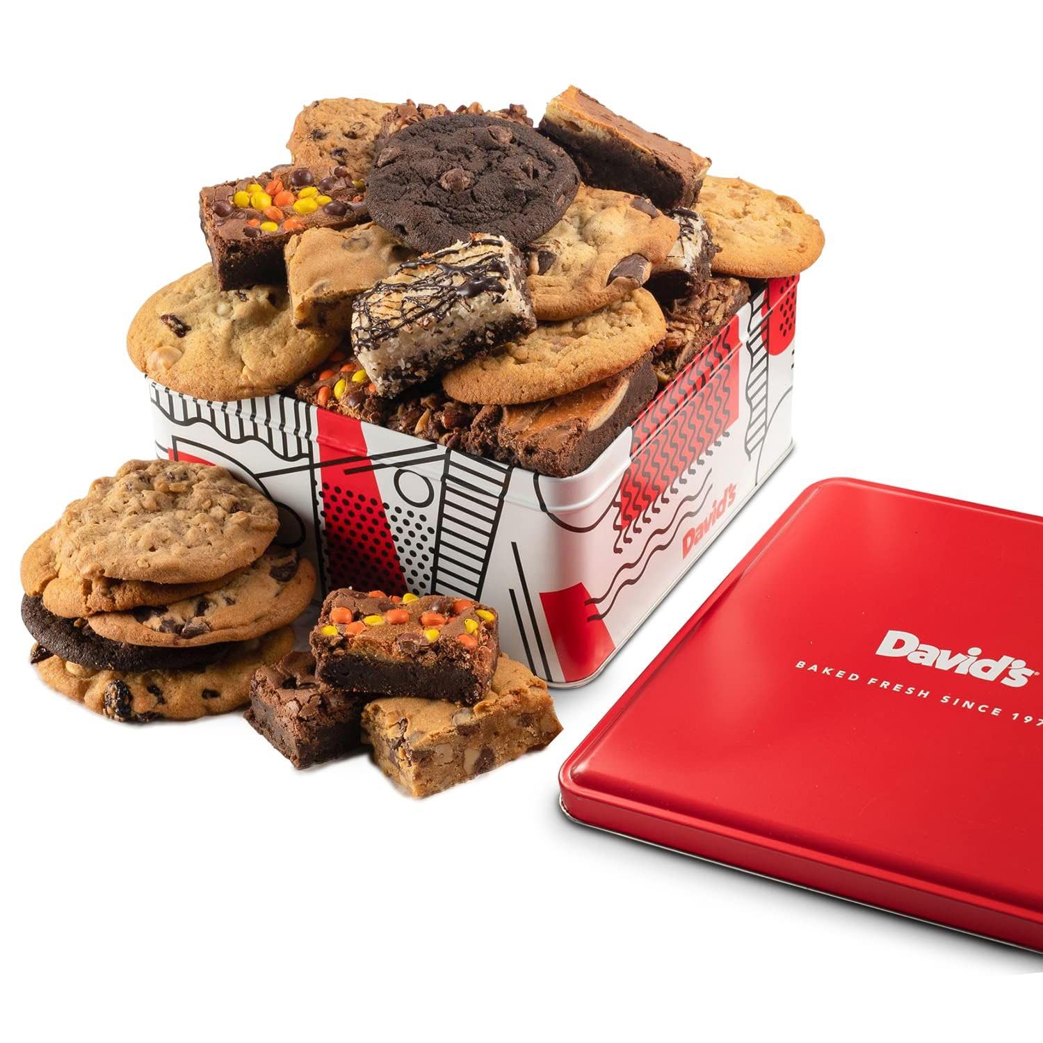 DAVID'S COOKIES gift tin with assorted cookies and brownies, perfect for sharing.