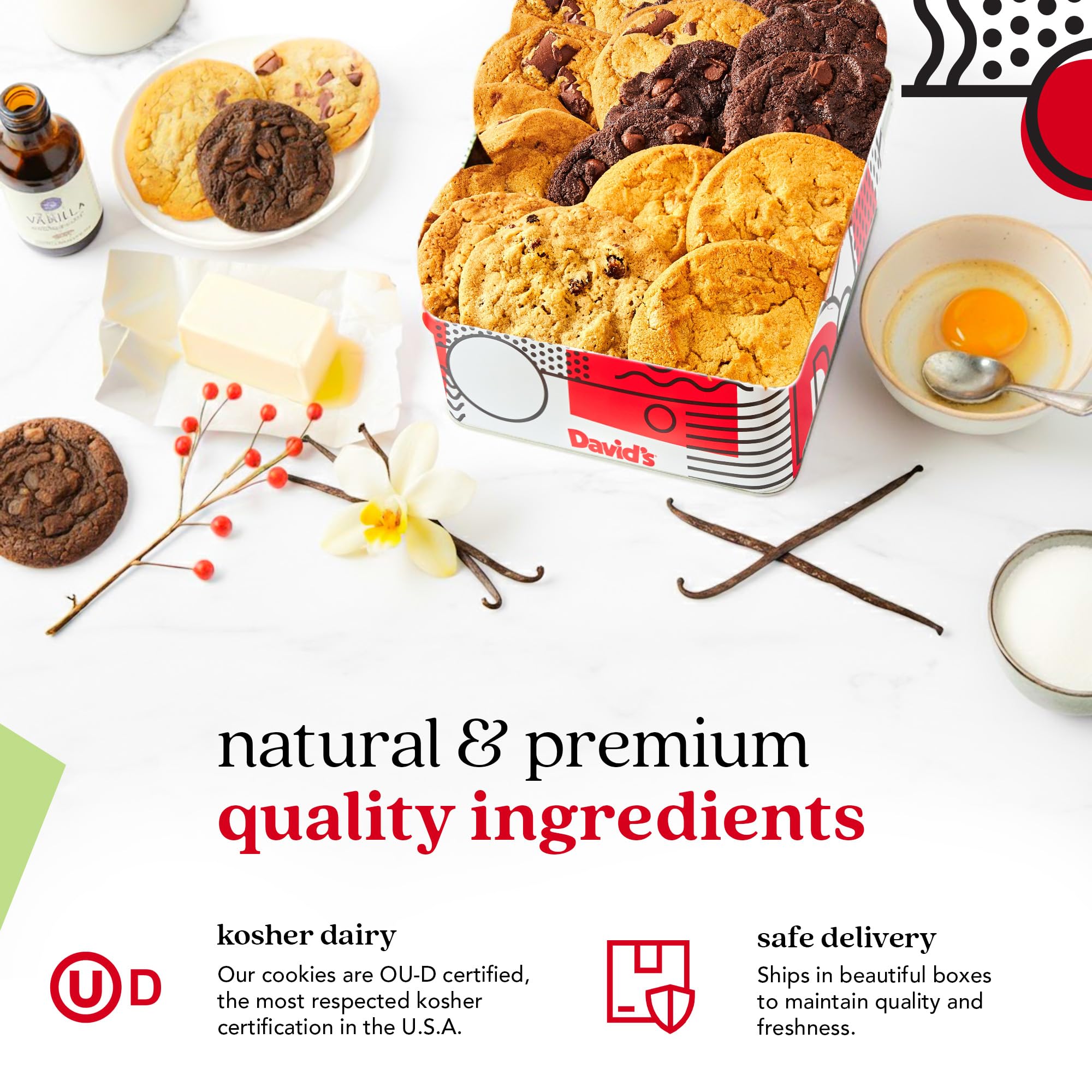 David's Cookies premium ingredients closeup emphasizes quality and all-natural appeal.