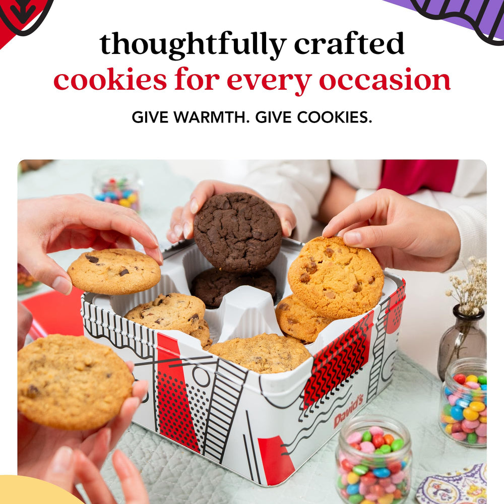 David's Cookies unpacking image showcases the gift tin ready for giving.