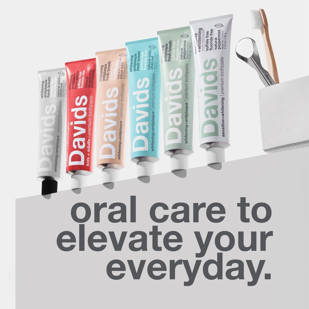 Recyclable metal tube from Davids on bathroom counter supports eco-friendly routine