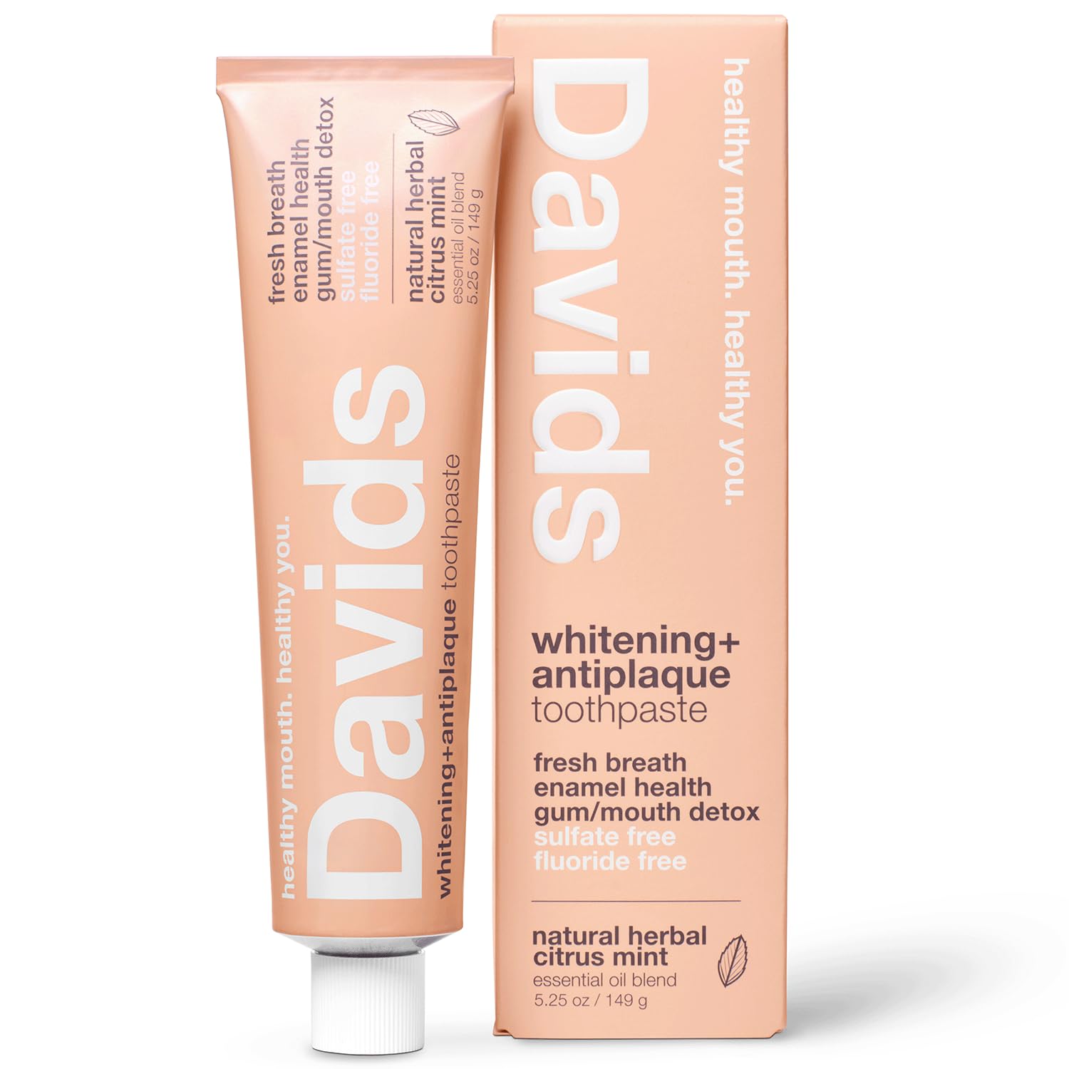 Davids fluoride-free toothpaste tube front with citrus mint aroma for fresh breath