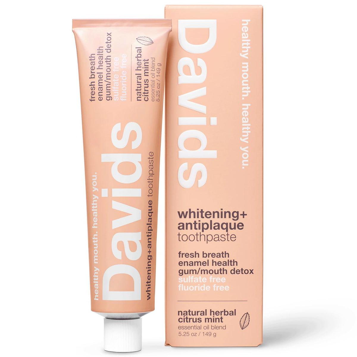 Davids fluoride-free toothpaste tube front with citrus mint aroma for fresh breath