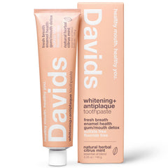 Davids fluoride-free toothpaste tube front with citrus mint aroma for fresh breath