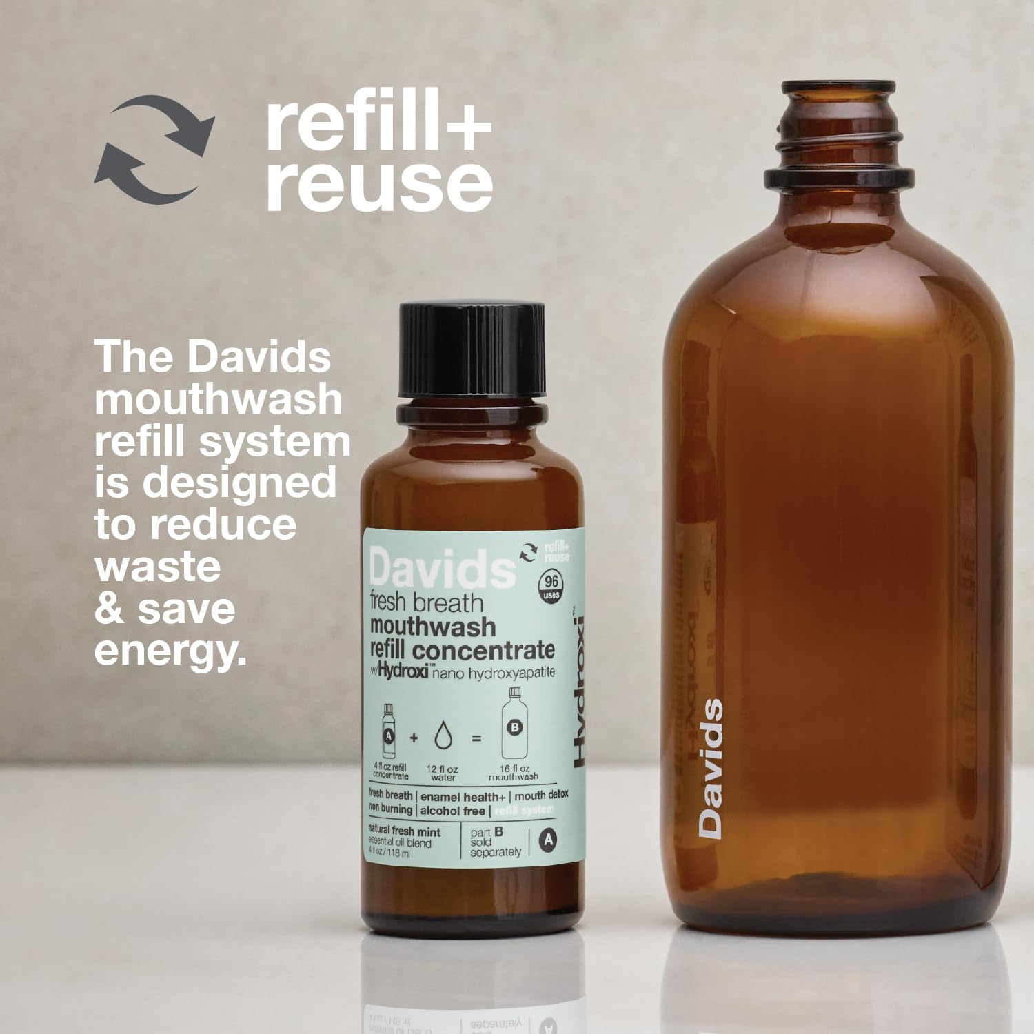 Davids Hydroxi daily rinse action showing gentle, non-burning mouthwash use