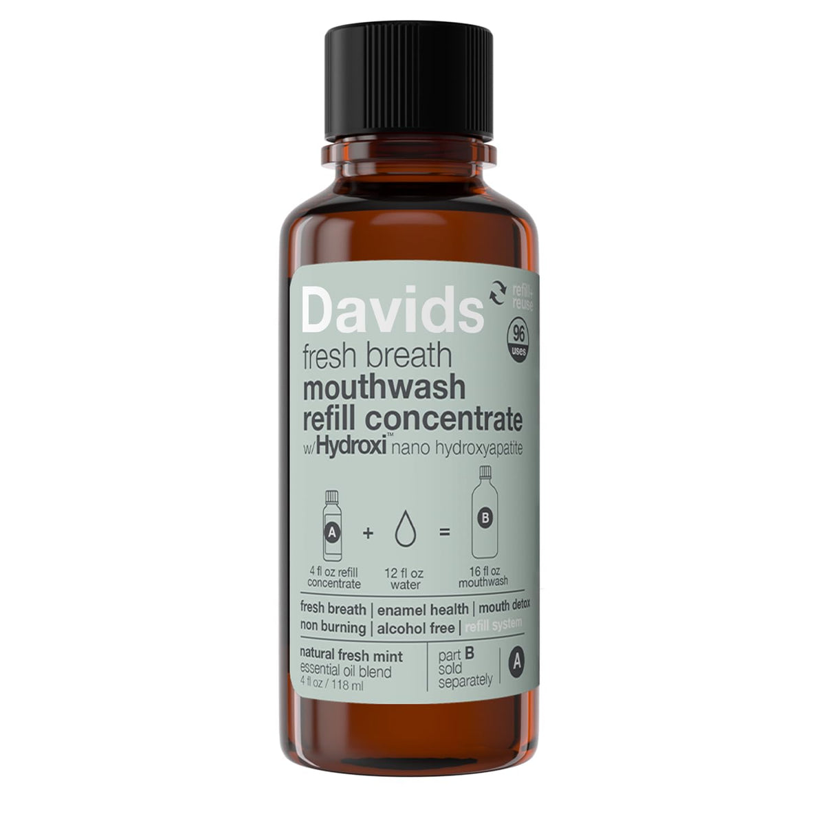 Davids Hydroxi Fresh Breath bottle pour enables sustainable refills and enamel-friendly mouthwash use