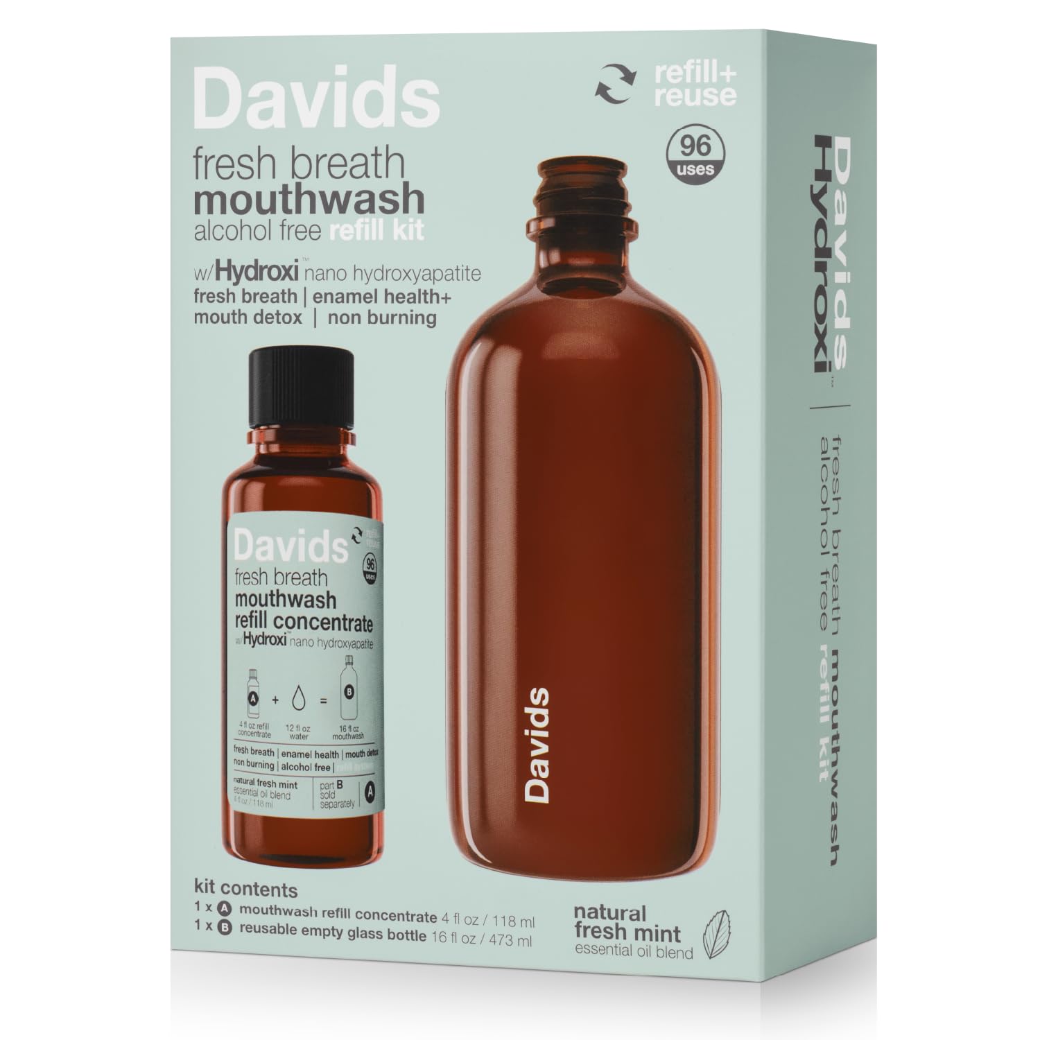 Davids Hydroxi Fresh Breath bottle pour for a quick rinse after meals