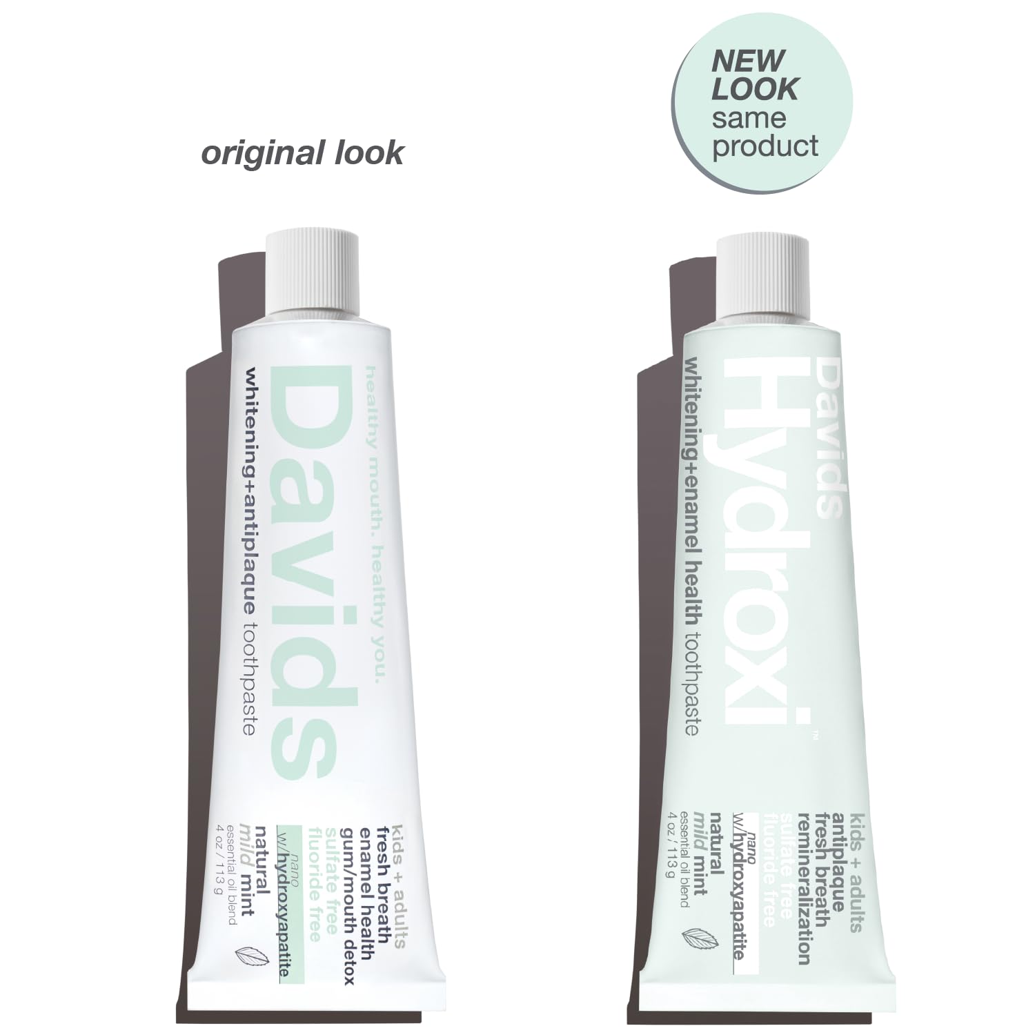 Close-up of Davids Hydroxi Mild Mint label highlighting vegan, fluoride-free formula.