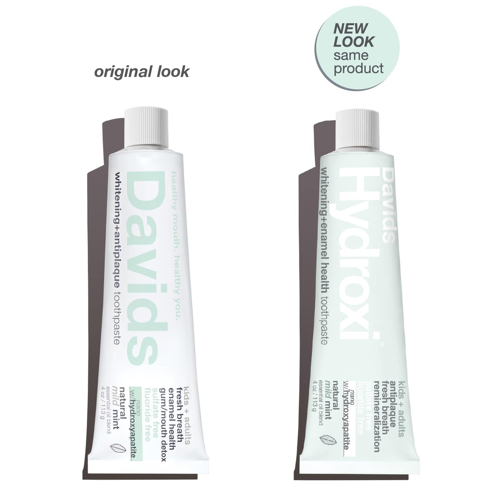 Close-up of Davids Hydroxi Mild Mint label highlighting vegan, fluoride-free formula.