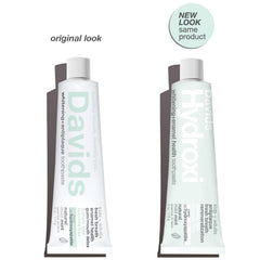 Close-up of Davids Hydroxi Mild Mint label highlighting vegan, fluoride-free formula.