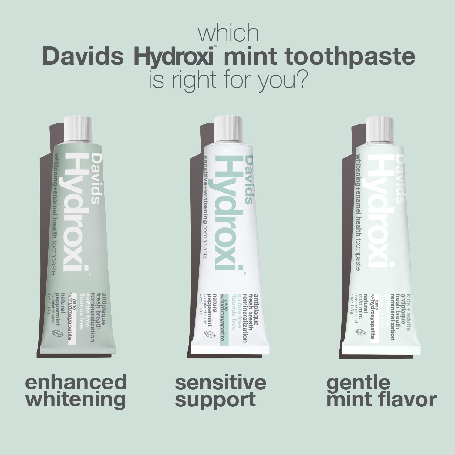 Tube being squeezed to dispense Davids Hydroxi Mild Mint toothpaste.