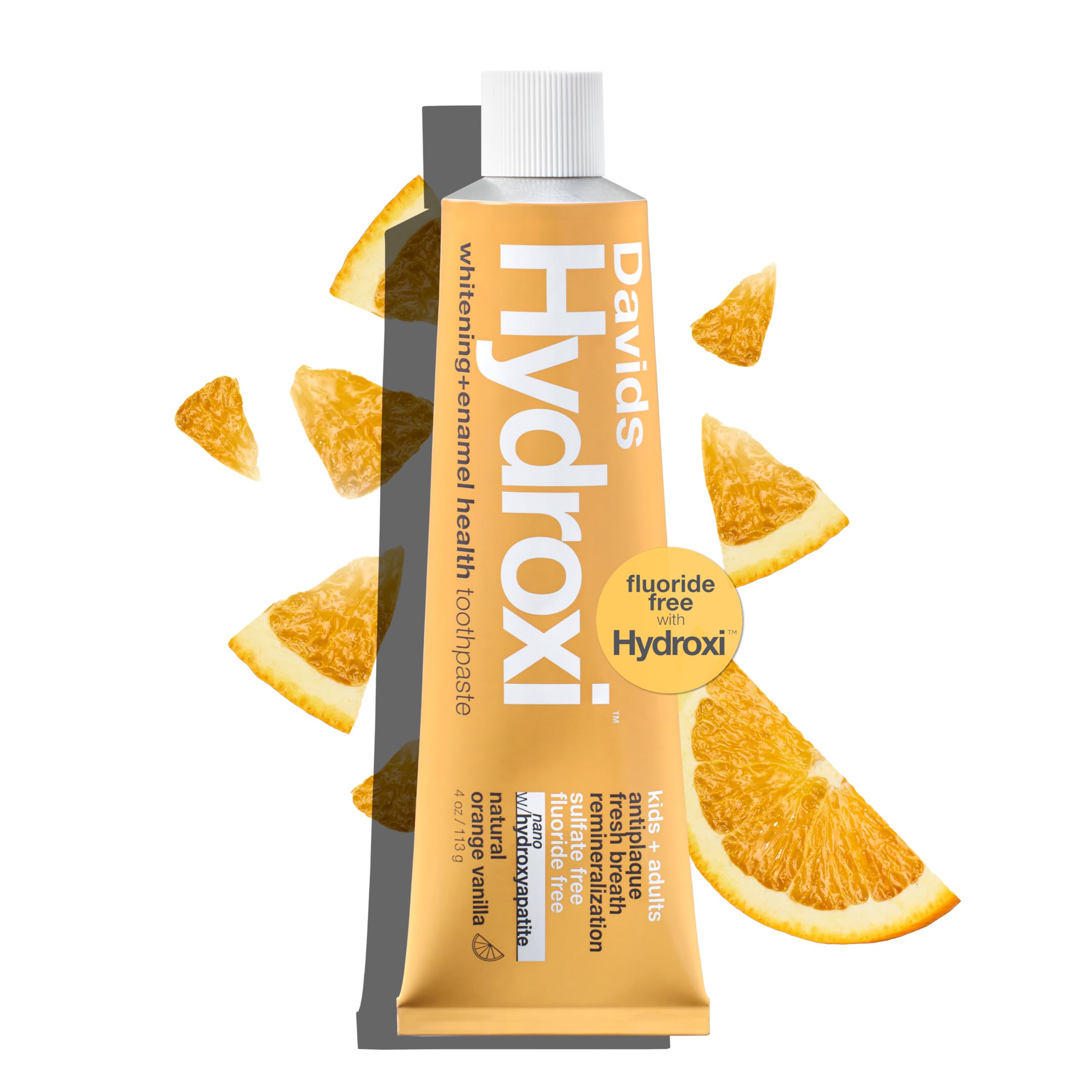 Davids Hydroxi toothpaste front view promoting enamel health and whitening