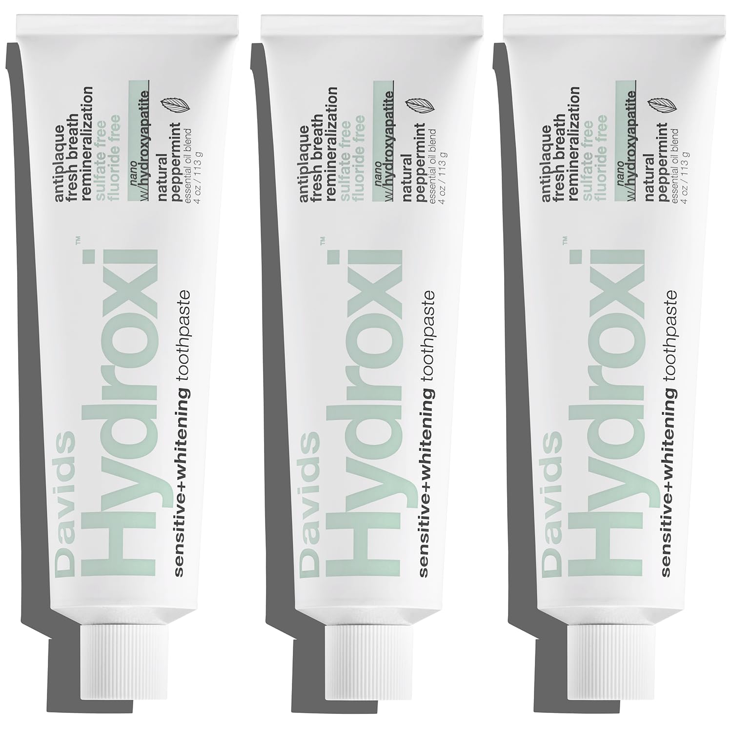 Davids Hydroxi toothpaste tube front highlights fluoride free formula for gentle whitening
