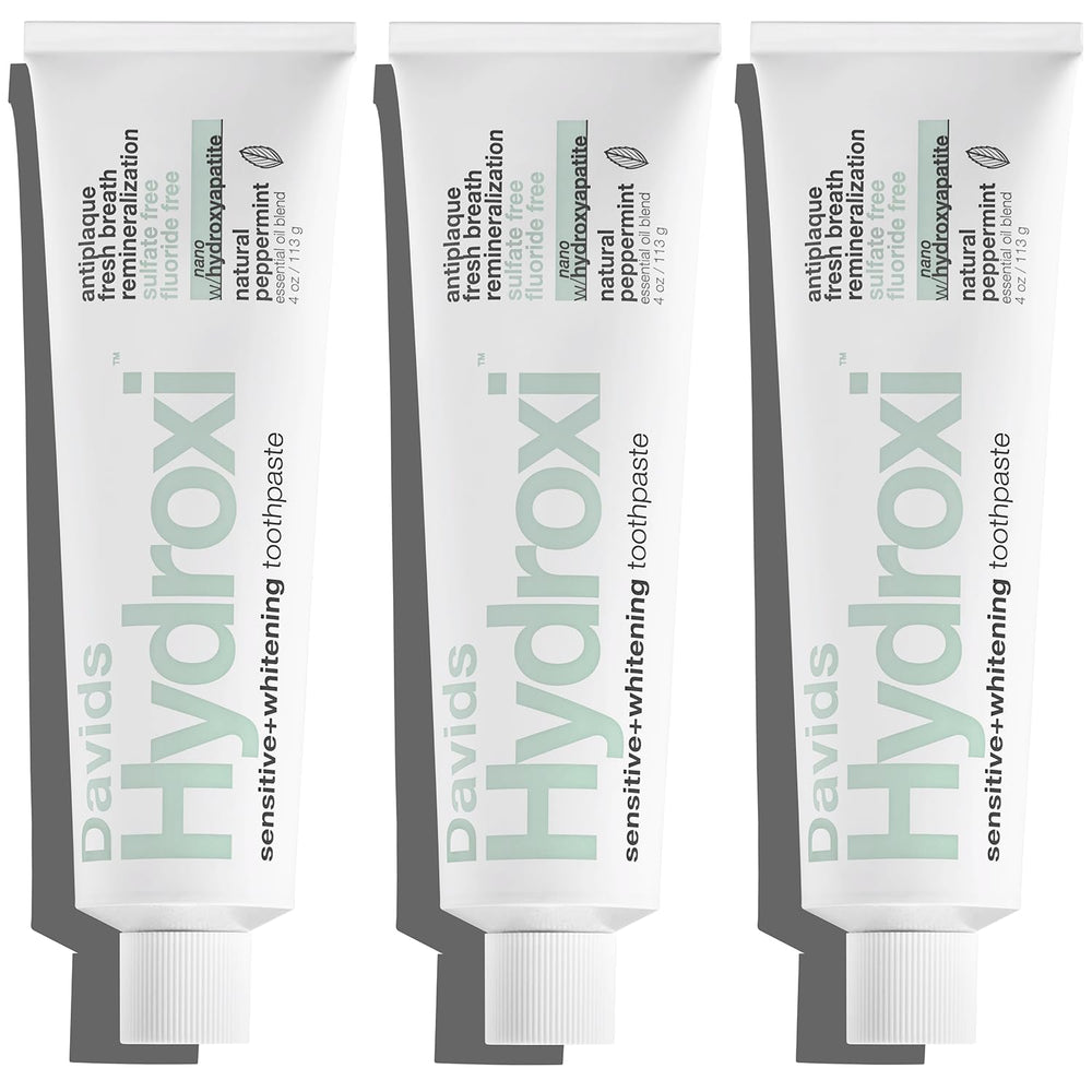 Davids Hydroxi toothpaste tube front highlights fluoride free formula for gentle whitening